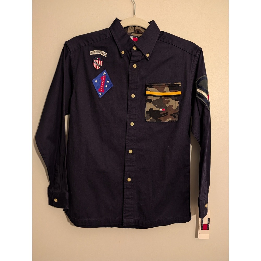 Tommy Hilfiger Boys Navy Button Up Shirt Camo Pocket Patches Military Style M M
